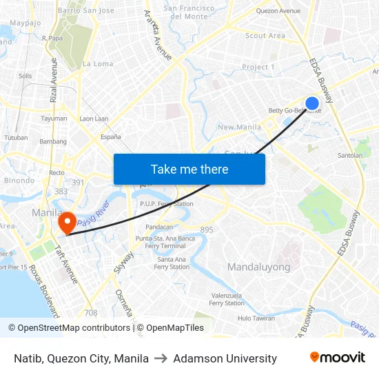 Natib, Quezon City, Manila to Adamson University map