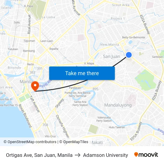 Ortigas Ave, San Juan, Manila to Adamson University map