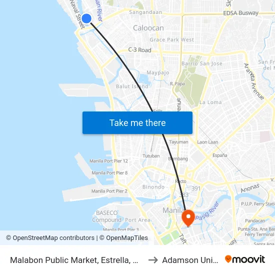 Malabon Public Market, Estrella, Malabon City to Adamson University map