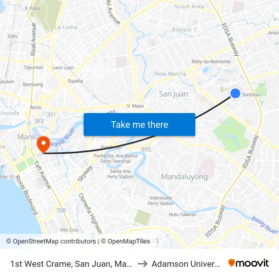 1st West Crame, San Juan, Manila to Adamson University map