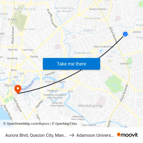 Aurora Blvd, Quezon City, Manila to Adamson University map