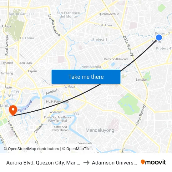Aurora Blvd, Quezon City, Manila to Adamson University map
