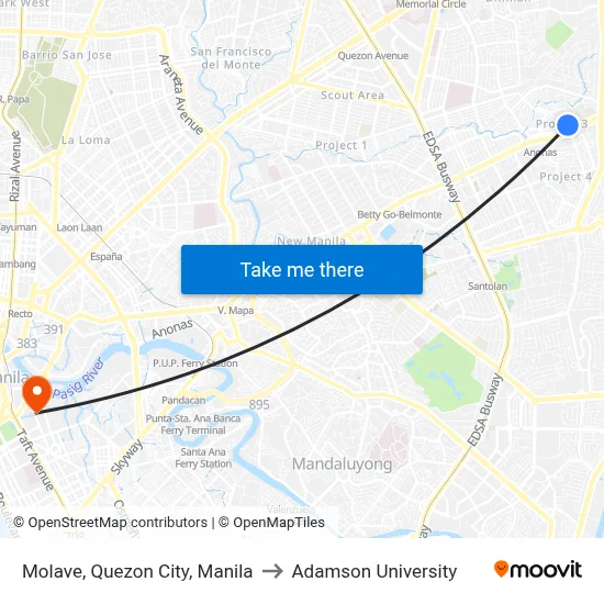 Molave, Quezon City, Manila to Adamson University map