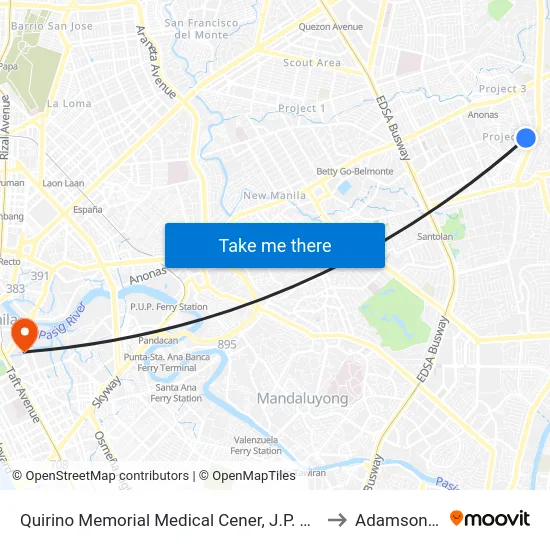 Quirino Memorial Medical Cener, J.P. Rizal Street, Quezon City, Manila to Adamson University map