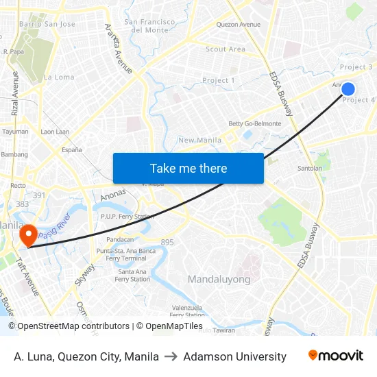 A. Luna, Quezon City, Manila to Adamson University map