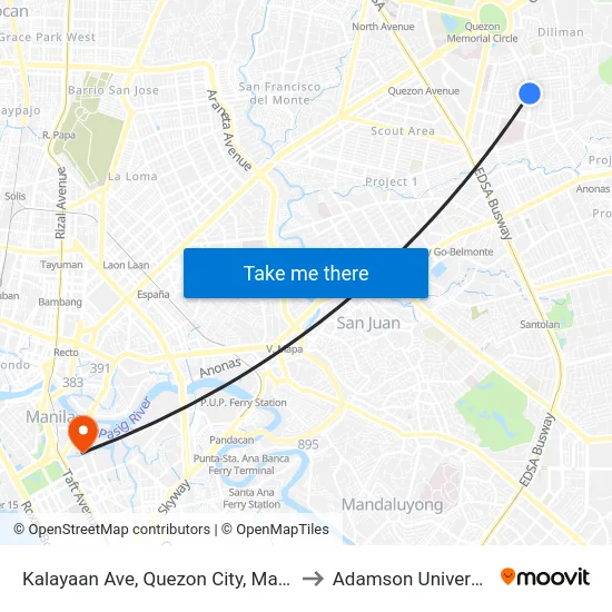 Kalayaan Ave, Quezon City, Manila to Adamson University map