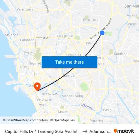 Capitol Hills Dr / Tandang Sora Ave Intersection, Quezon City, Manila to Adamson University map