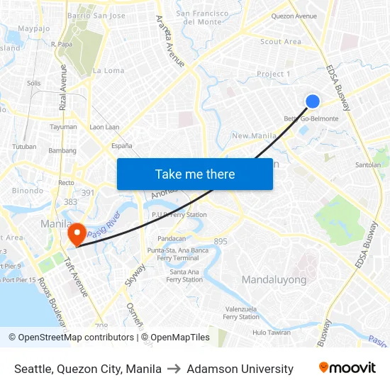 Seattle, Quezon City, Manila to Adamson University map