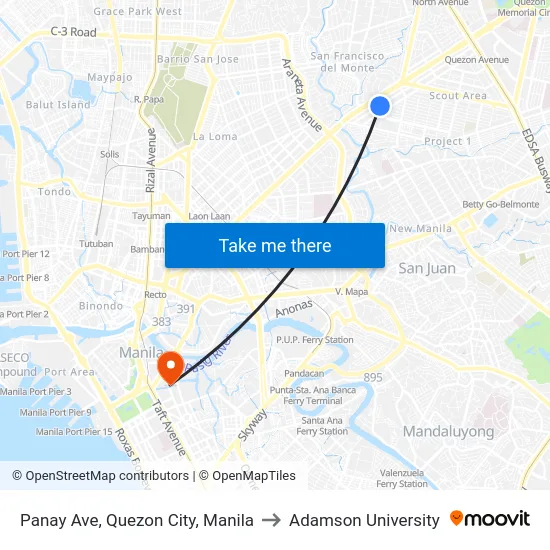 Panay Ave, Quezon City, Manila to Adamson University map