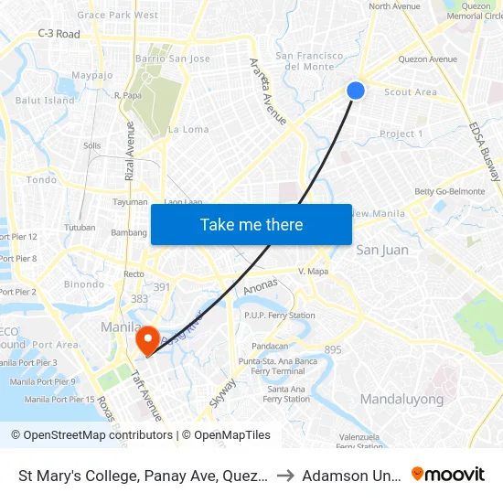 St Mary's College, Panay Ave, Quezon City, Manila to Adamson University map