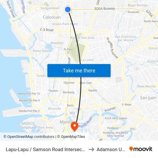 Lapu-Lapu / Samson Road Intersection, Malabon City to Adamson University map