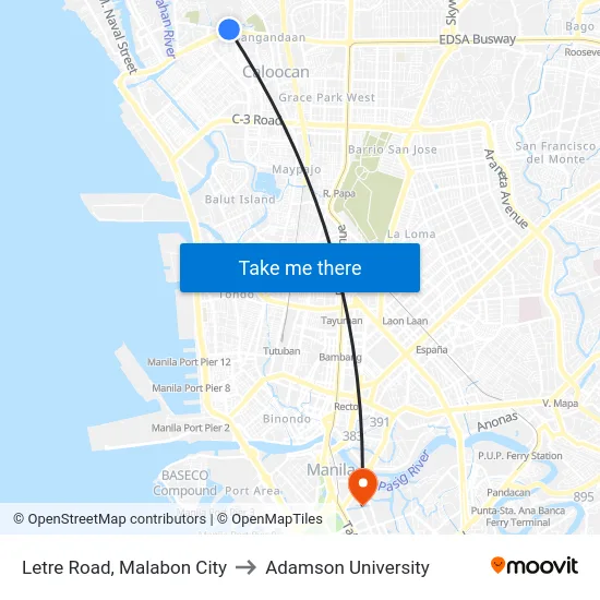 Letre Road, Malabon City to Adamson University map