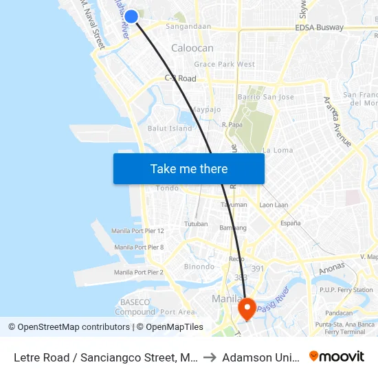 Letre Road / Sanciangco Street, Malabon City to Adamson University map