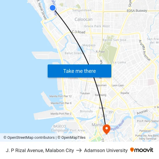 J. P Rizal Avenue, Malabon City to Adamson University map