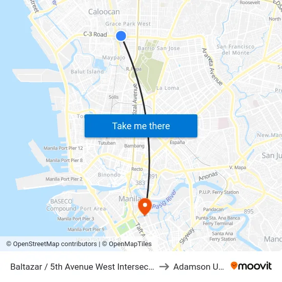 Baltazar / 5th Avenue West Intersection, Caloocan City to Adamson University map