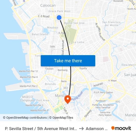 P. Sevilla Street / 5th Avenue West Intersection, Caloocan City to Adamson University map