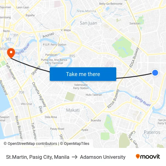 St.Martin, Pasig City, Manila to Adamson University map