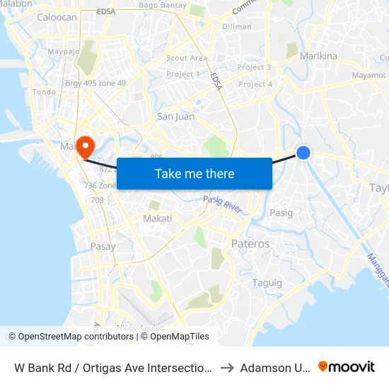 W Bank Rd / Ortigas Ave Intersection, Pasig City, Manila to Adamson University map