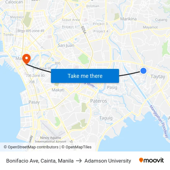 Bonifacio Ave, Cainta, Manila to Adamson University map
