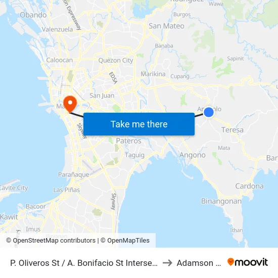 P. Oliveros St / A. Bonifacio St Intersection, Antipolo City, Manila to Adamson University map