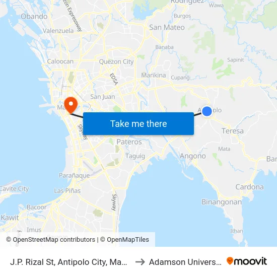 J.P. Rizal St, Antipolo City, Manila to Adamson University map