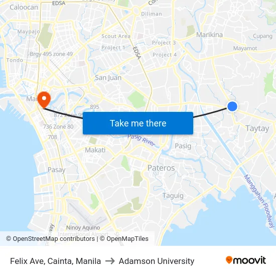 Felix Ave, Cainta, Manila to Adamson University map