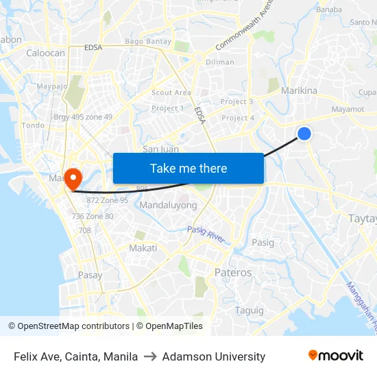Felix Ave, Cainta, Manila to Adamson University map