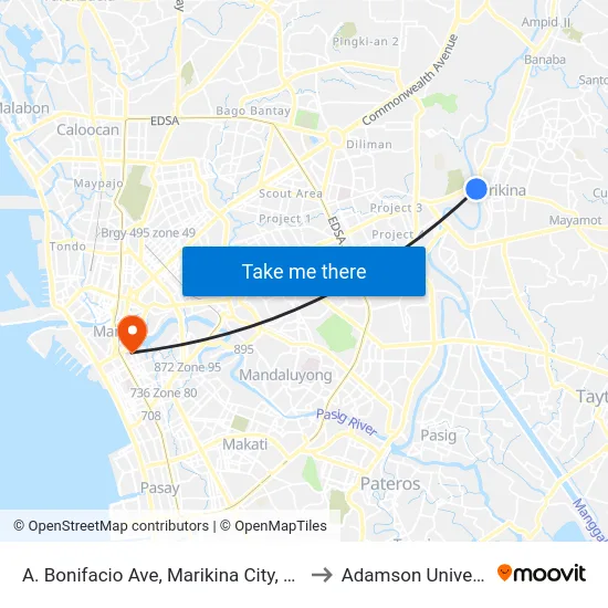 A. Bonifacio Ave, Marikina City, Manila to Adamson University map