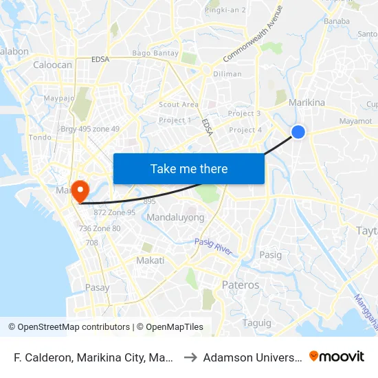 F. Calderon, Marikina City, Manila to Adamson University map