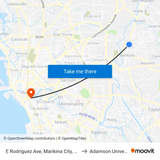 E Rodriguez Ave, Marikina City, Manila to Adamson University map