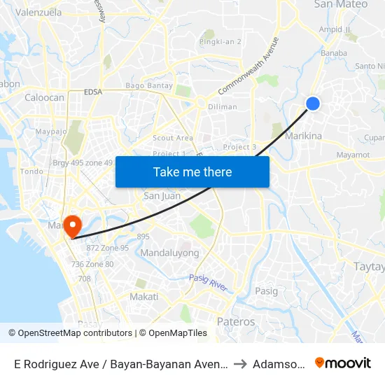 E Rodriguez Ave / Bayan-Bayanan Avenue Intersection, Marikina City, Manila to Adamson University map