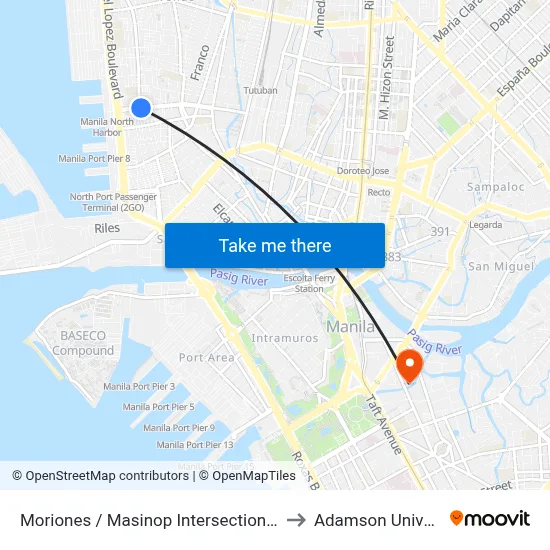 Moriones / Masinop Intersection, Manila to Adamson University map