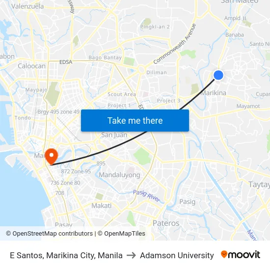 E Santos, Marikina City, Manila to Adamson University map