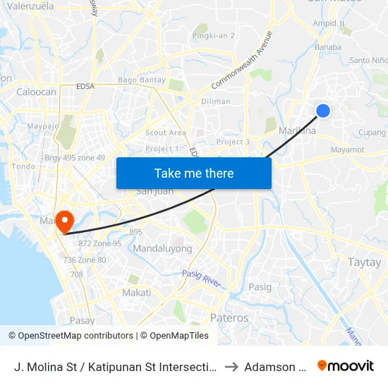 J. Molina St / Katipunan St Intersection, Marikina City, Manila to Adamson University map