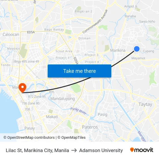 Lilac St, Marikina City, Manila to Adamson University map