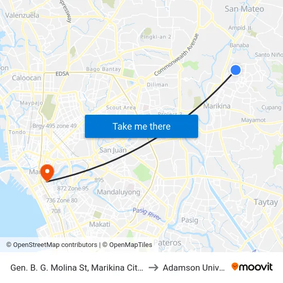 Gen. B. G. Molina St, Marikina City, Manila to Adamson University map