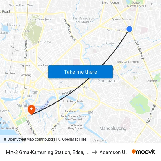 Mrt-3 Gma-Kamuning Station, Edsa, Quezon City, Manila to Adamson University map