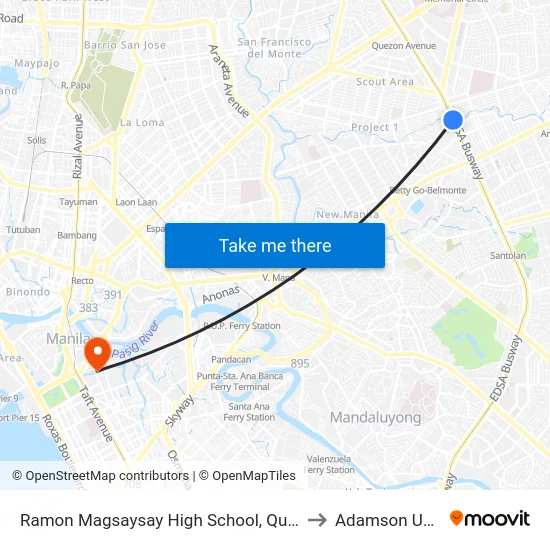 Ramon Magsaysay High School, Quezon City, Manila to Adamson University map