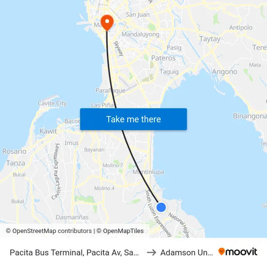 Pacita Bus Terminal,  Pacita Av, San Pedro, Manila to Adamson University map