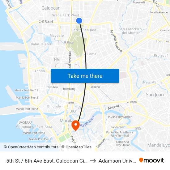 5th St / 6th Ave East, Caloocan City, Manila to Adamson University map