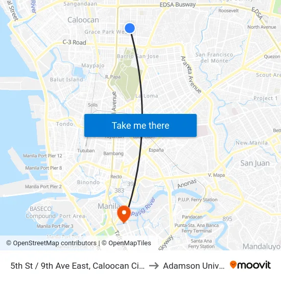 5th St / 9th Ave East, Caloocan City, Manila to Adamson University map