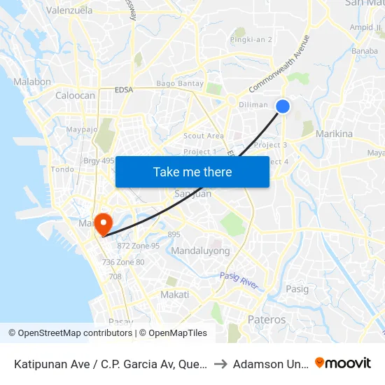 Katipunan Ave / C.P. Garcia Av, Quezon City, Manila to Adamson University map