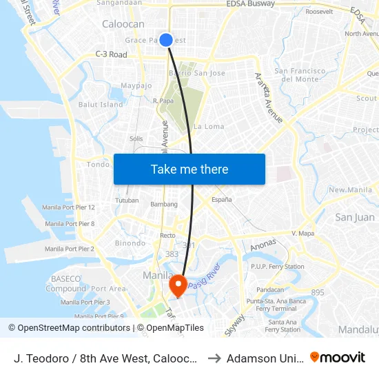 J. Teodoro / 8th Ave West, Caloocan City, Manila to Adamson University map