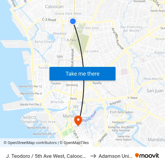 J. Teodoro / 5th Ave West, Caloocan City, Manila to Adamson University map