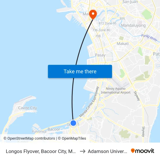 Longos Flyover, Bacoor City, Manila to Adamson University map