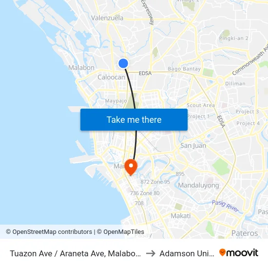 Tuazon Ave / Araneta Ave, Malabon City, Manila to Adamson University map