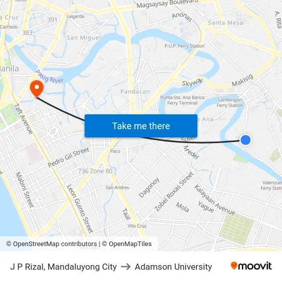 J P Rizal, Mandaluyong City to Adamson University map