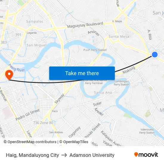Haig, Mandaluyong City to Adamson University map