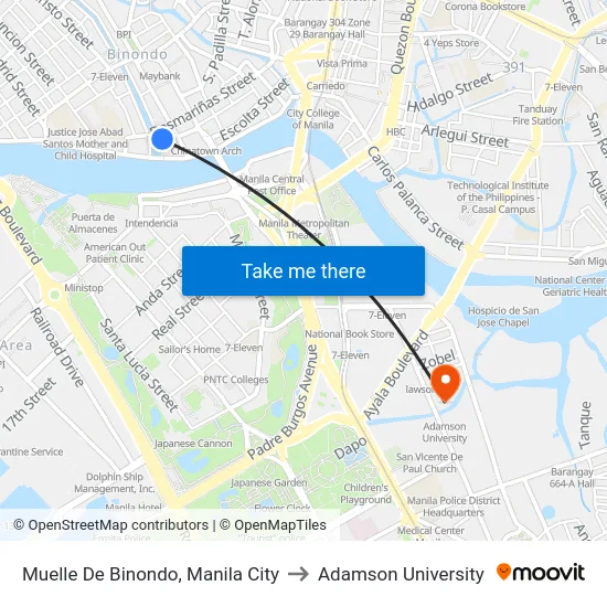 Muelle De Binondo, Manila City to Adamson University map