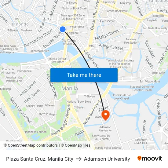 Plaza Santa Cruz, Manila City to Adamson University map